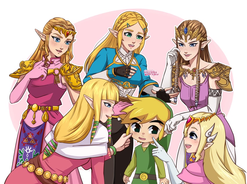 link, princess zelda, and toon zelda (the legend of zelda and 5 more) drawn by korzynka_persykiv
