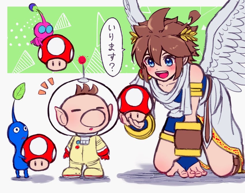 pit, olimar, blue pikmin, and winged pikmin (mario and 4 more) drawn by waffuum