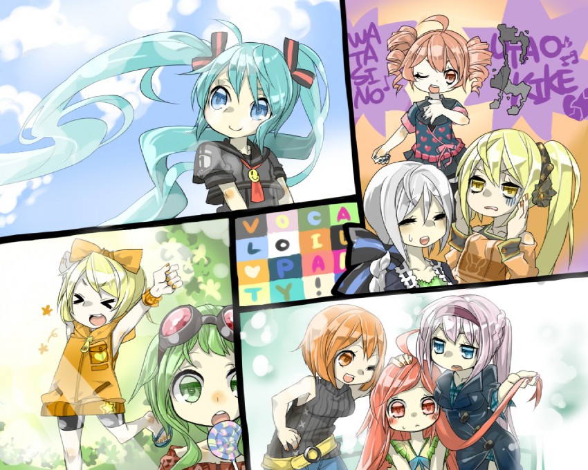hatsune miku, kagamine rin, megurine luka, kasane teto, meiko, and 4 more (vocaloid and 1 more) drawn by spawnfoxy