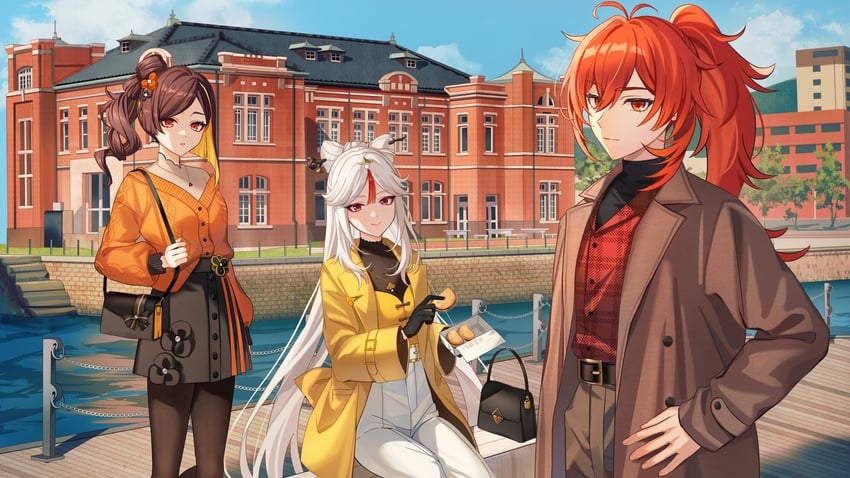 diluc, ningguang, and chiori (genshin impact) drawn by miz_(mi)