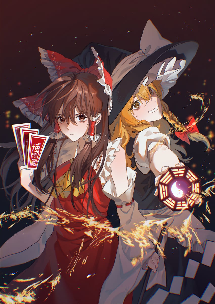 hakurei reimu and kirisame marisa (touhou) drawn by aihara-rina