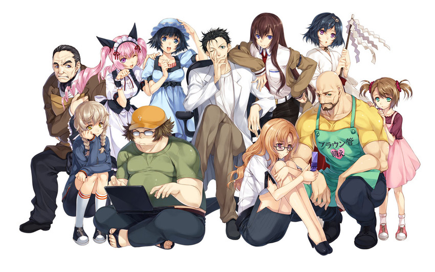 makise kurisu, okabe rintarou, shiina mayuri, amane suzuha, urushibara ruka, and 6 more (steins;gate) drawn by hagure_keg