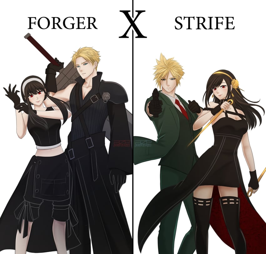 tifa lockhart, cloud strife, yor briar, twilight, and fenrir (final fantasy and 3 more) drawn by azezazel