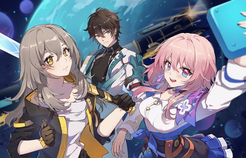 trailblazer, stelle, march 7th, and dan heng (honkai and 1 more) drawn by cat_princess