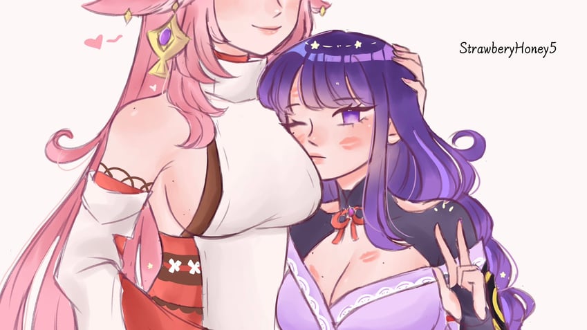 raiden shogun and yae miko (genshin impact) drawn by strawberyhoney5