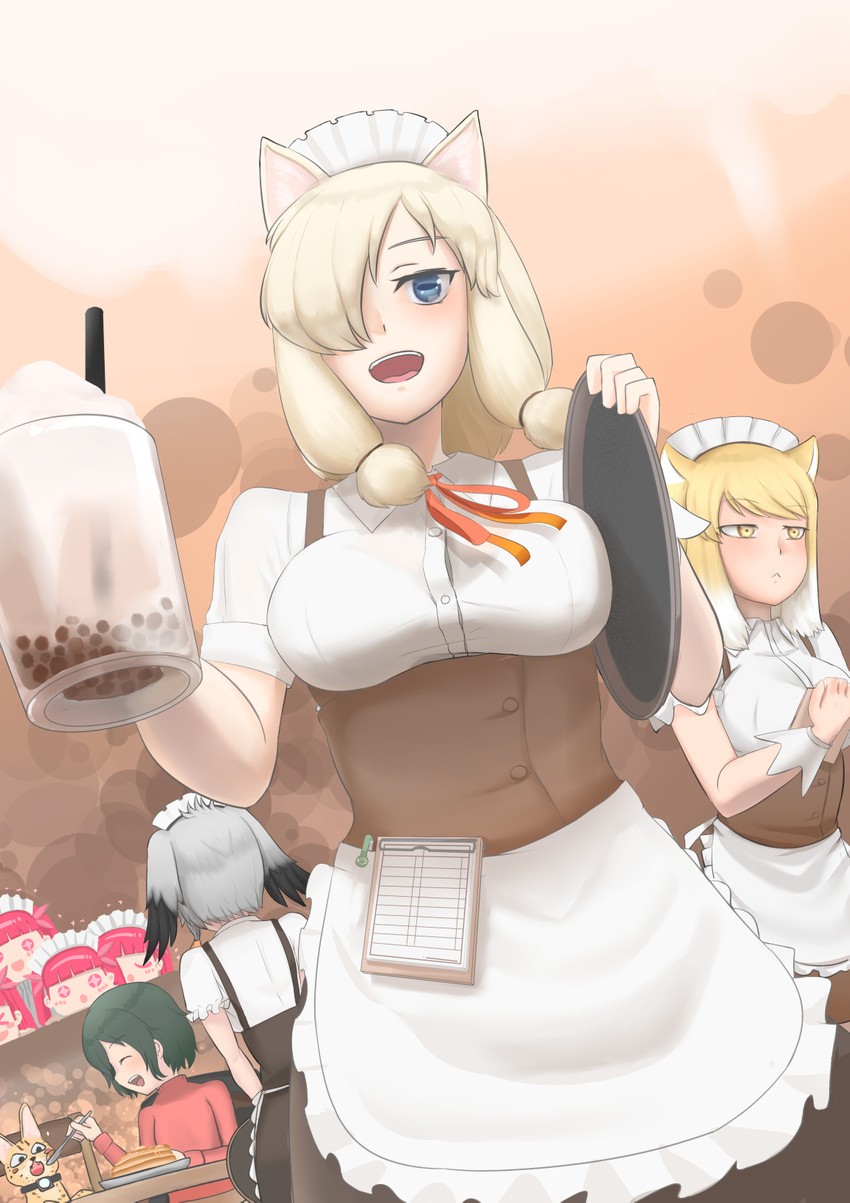 serval, kaban, shoebill, alpaca suri, tibetan fox, and 1 more (kemono friends and 1 more) drawn by john_(a2556349)
