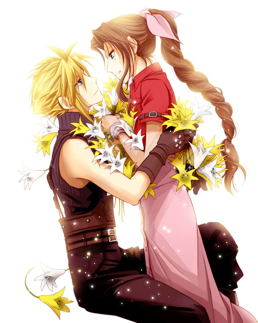 cloud strife and aerith gainsborough (final fantasy and 2 more) drawn by persia_(lwlw)