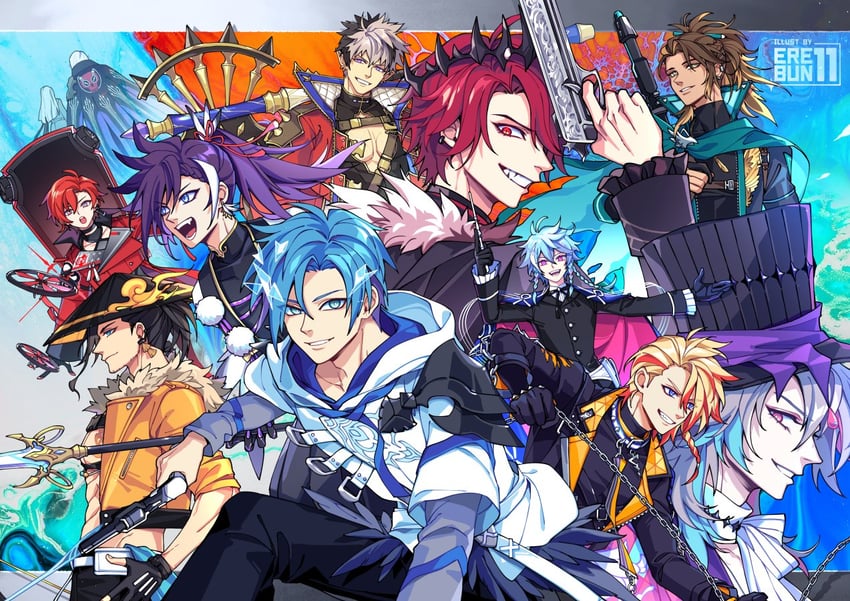 gavis bettel, machina x flayon, regis altare, axel syrios, banzoin hakka, and 7 more (holostars and 1 more) drawn by eleven_(erebun)