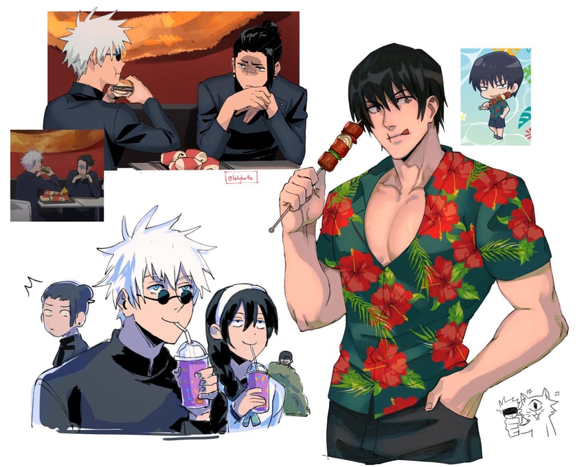 gojou satoru, getou suguru, fushiguro touji, amanai riko, and akutami gege (jujutsu kaisen) drawn by tirtyturtle