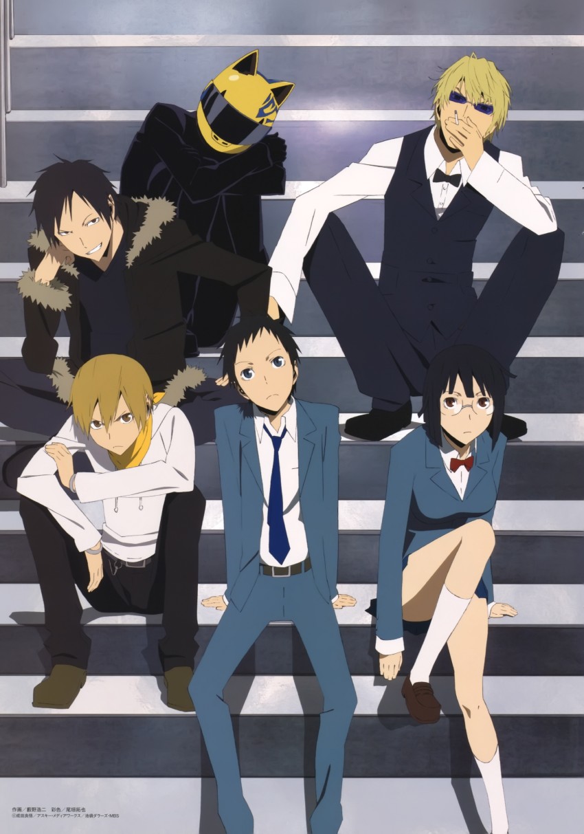 orihara izaya, sonohara anri, heiwajima shizuo, celty sturluson, ryuugamine mikado, and 1 more (durarara!!) drawn by yabuno_kouji