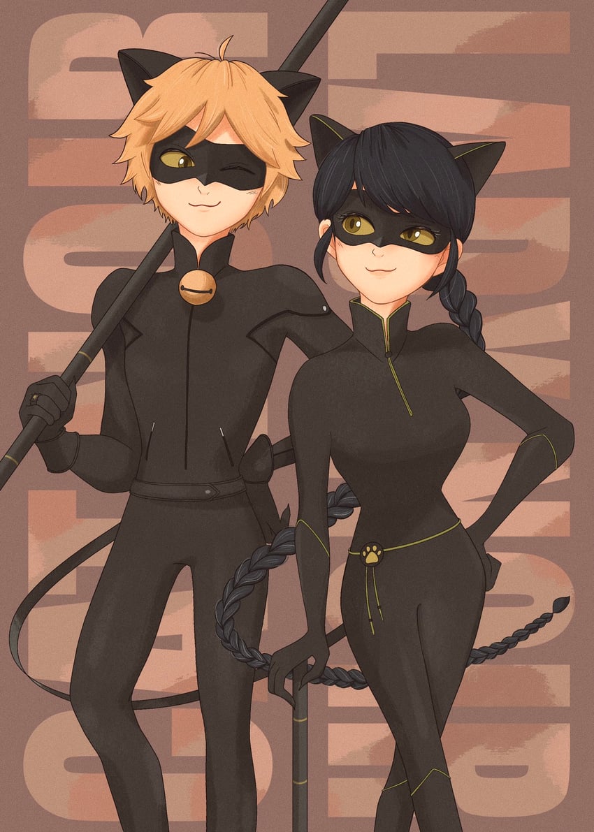 marinette dupain-cheng, adrien agreste, chat noir, and lady noir (miraculous ladybug) drawn by p_374
