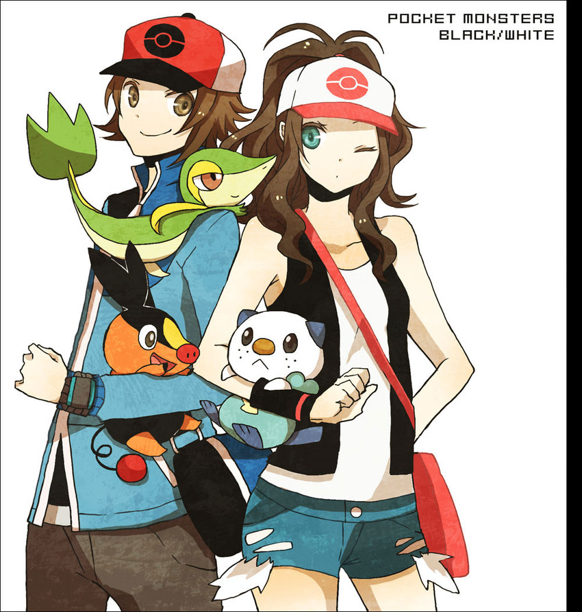 hilda, hilbert, oshawott, snivy, and tepig (pokemon and 1 more) drawn by buzz_(moi)