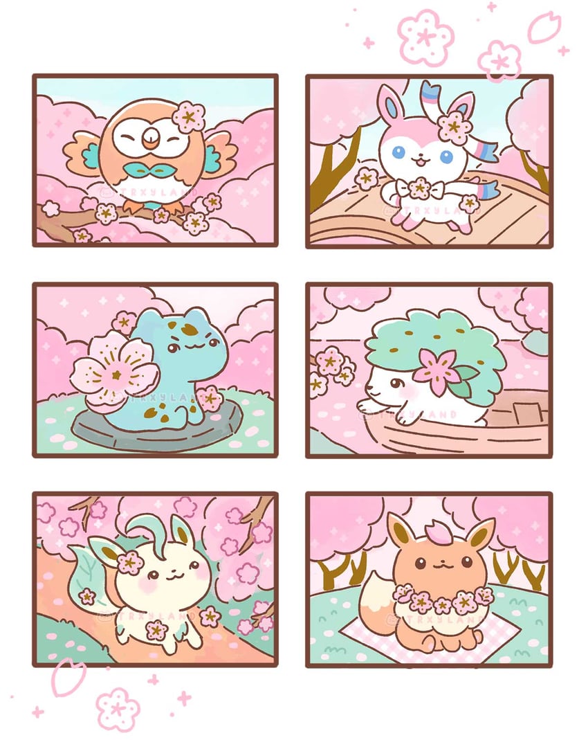 eevee, rowlet, sylveon, bulbasaur, leafeon, and 1 more (pokemon) drawn by trxyland