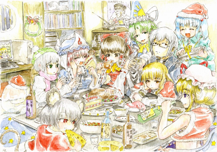 hakurei reimu, kirisame marisa, konpaku youmu, yakumo yukari, saigyouji yuyuko, and 8 more (touhou and 2 more) drawn by master_(4th)
