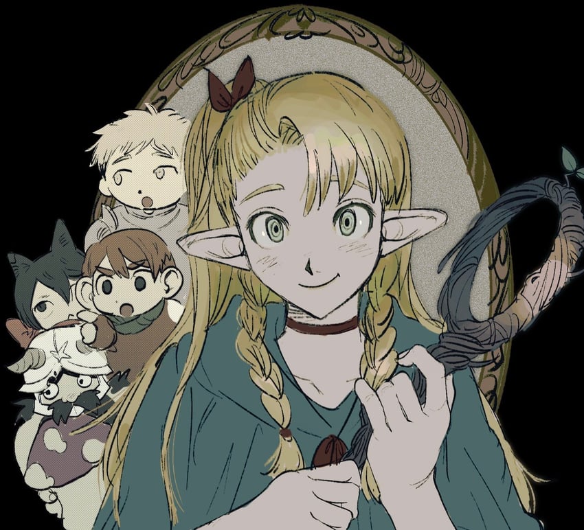 marcille donato, laios touden, senshi, chilchuck tims, and izutsumi (dungeon meshi) drawn by sema_(vivaviva_02)