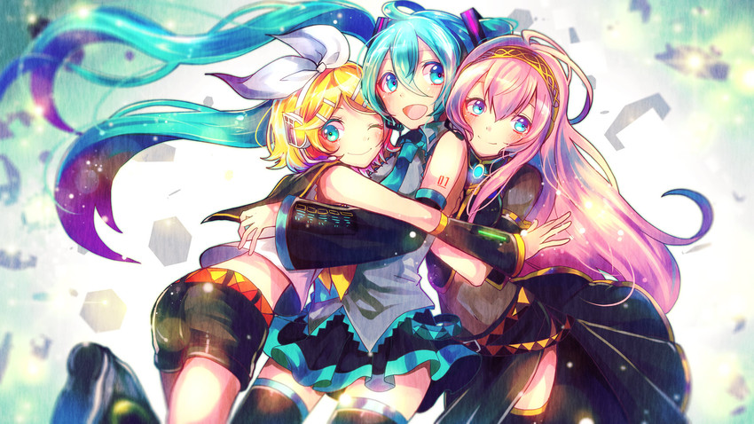 hatsune miku, kagamine rin, and megurine luka (vocaloid) drawn by sazanami_shione
