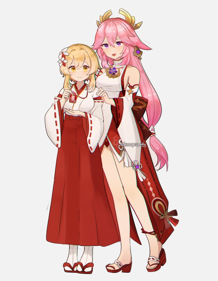 lumine and yae miko (genshin impact) drawn by kuromu_shado
