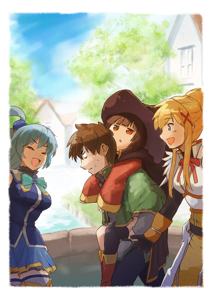 megumin, aqua, darkness, and satou kazuma (kono subarashii sekai ni shukufuku wo!) drawn by jas_(kda10457)