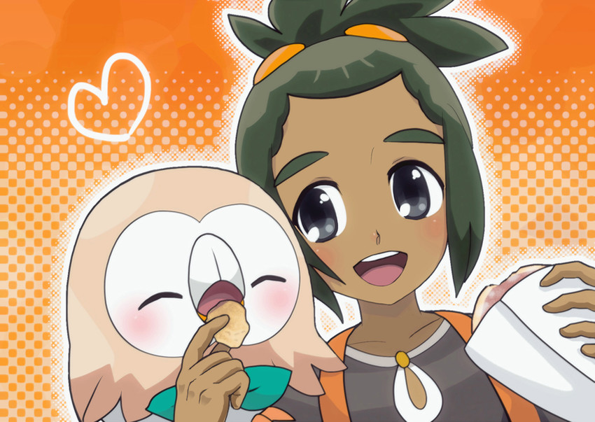 rowlet and hau (pokemon and 1 more) drawn by runachikku