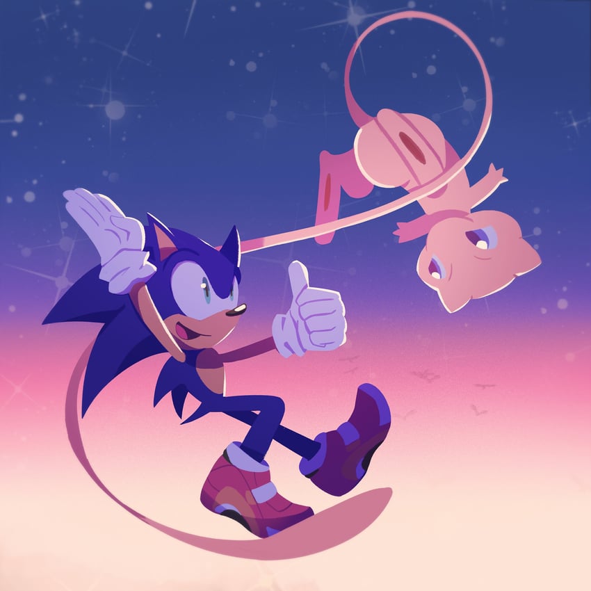sonic the hedgehog and mew (pokemon and 1 more) drawn by nenemyun