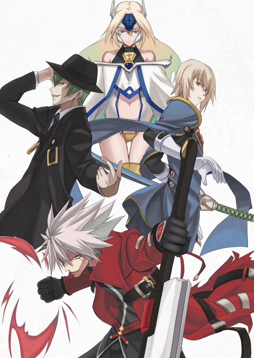 ragna the bloodedge, jin kisaragi, hazama, and mu-12 (blazblue) drawn by sengoku_aky