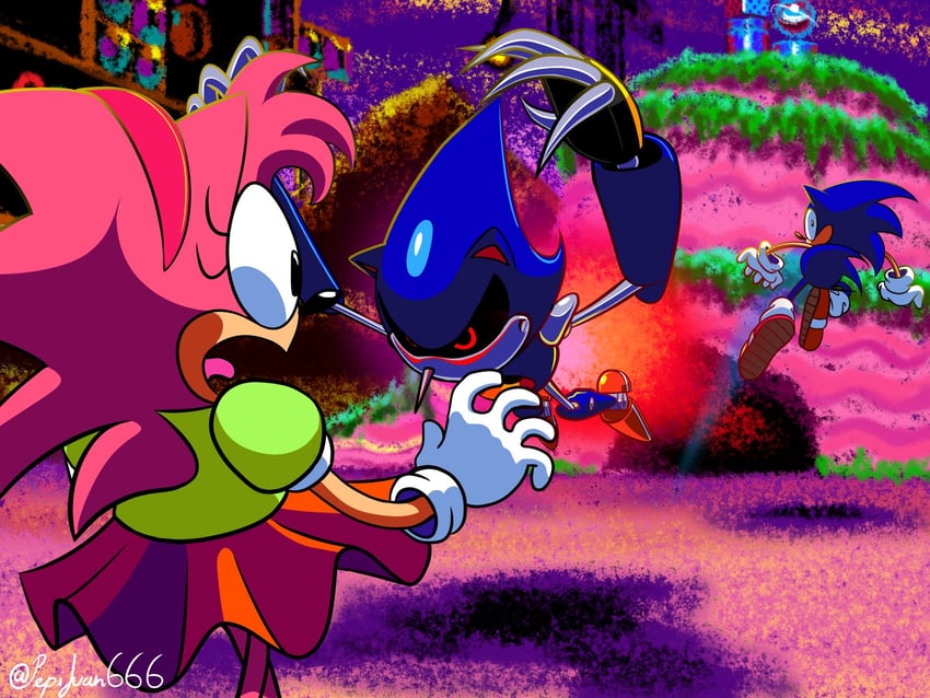 sonic the hedgehog, amy rose, metal sonic, and classic amy (sonic) drawn by pepijuan