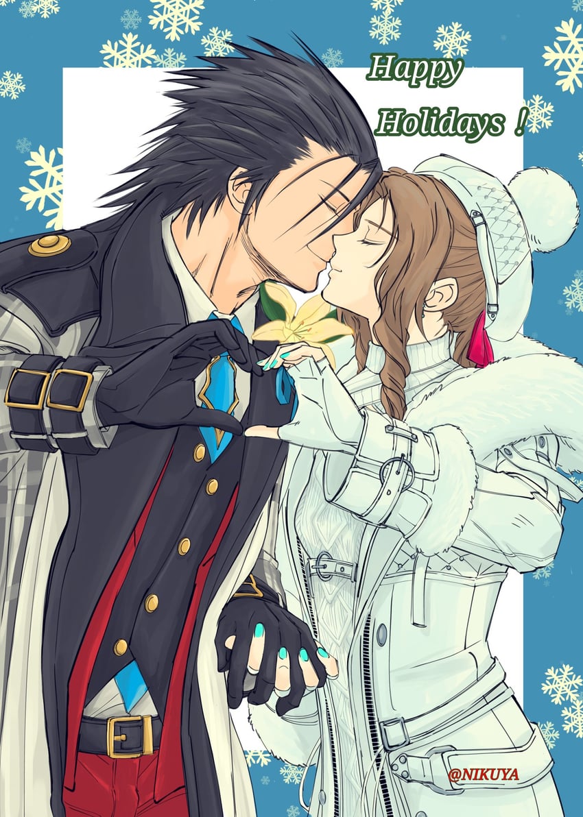aerith gainsborough and zack fair (final fantasy and 2 more) drawn by nikuya_(nikuya888)