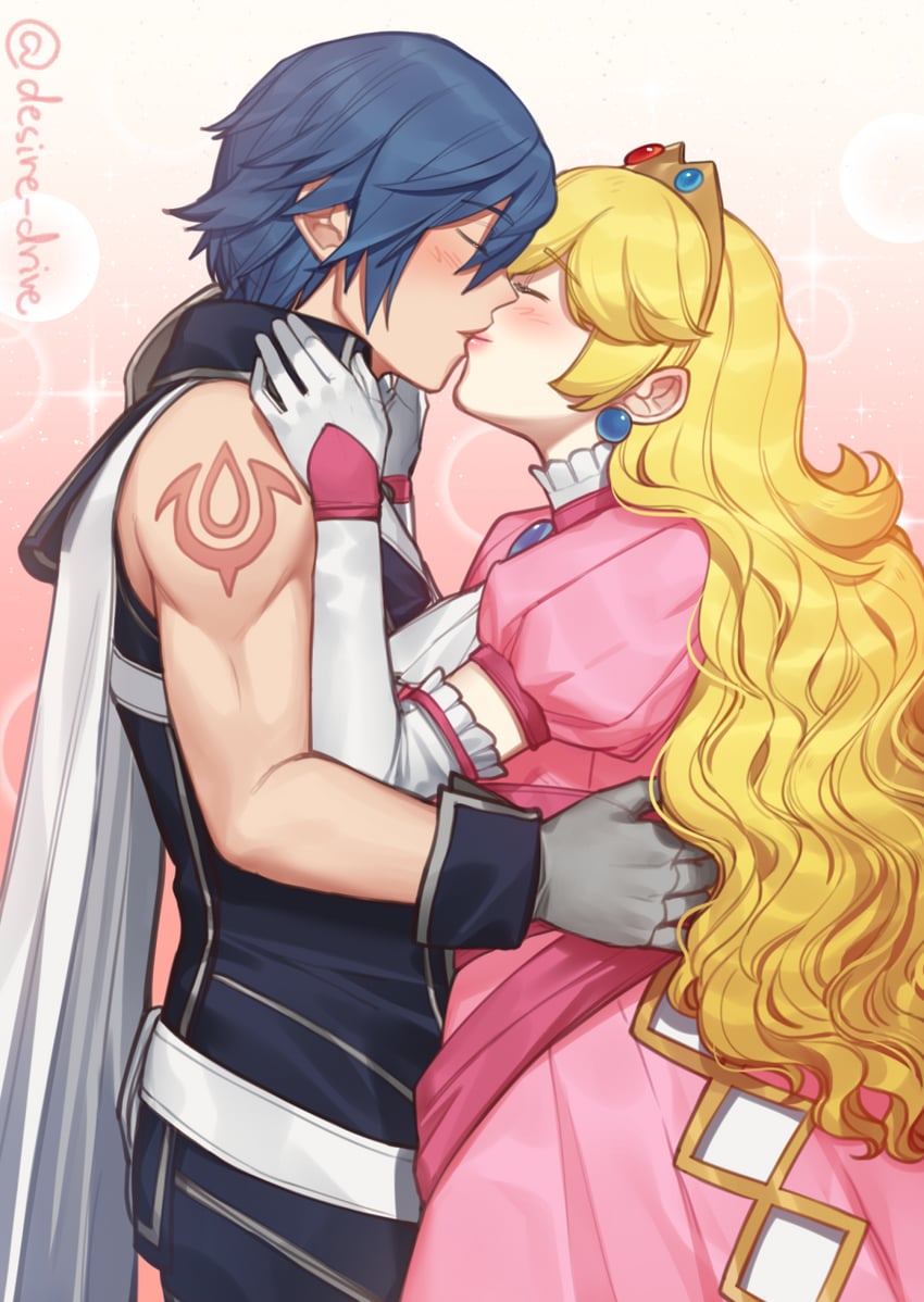 princess peach and chrom (fire emblem and 2 more) drawn by hiomaika