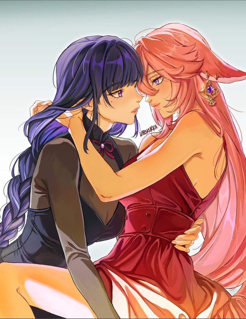 raiden shogun and yae miko (genshin impact) drawn by larskukka