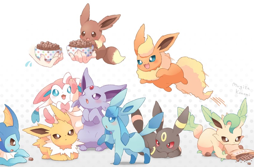 eevee, sylveon, umbreon, glaceon, vaporeon, and 4 more (pokemon) drawn by mugita_konomi