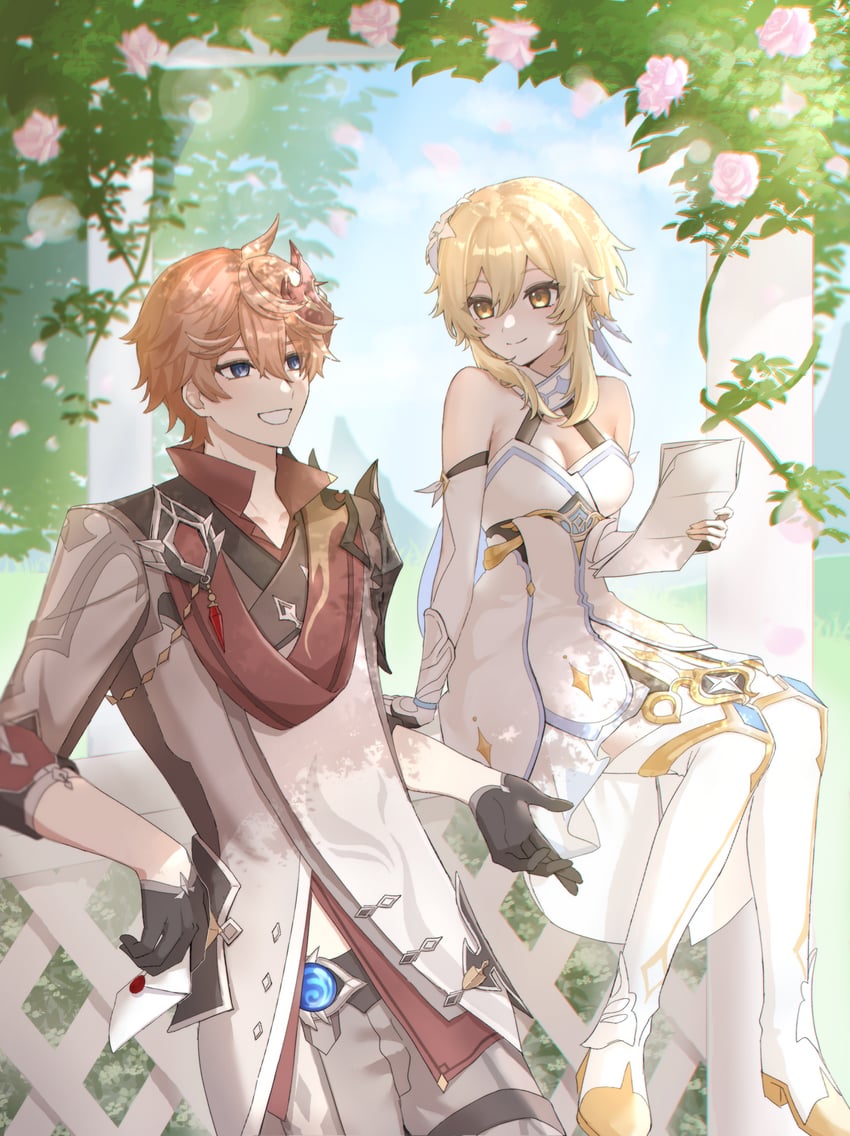 lumine and tartaglia (genshin impact) drawn by naya_nya23