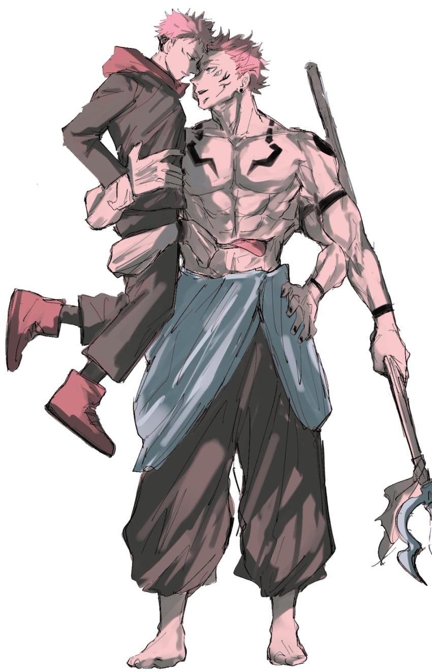 itadori yuuji and ryoumen sukuna (jujutsu kaisen) drawn by nigi_(pixiv_61469658)