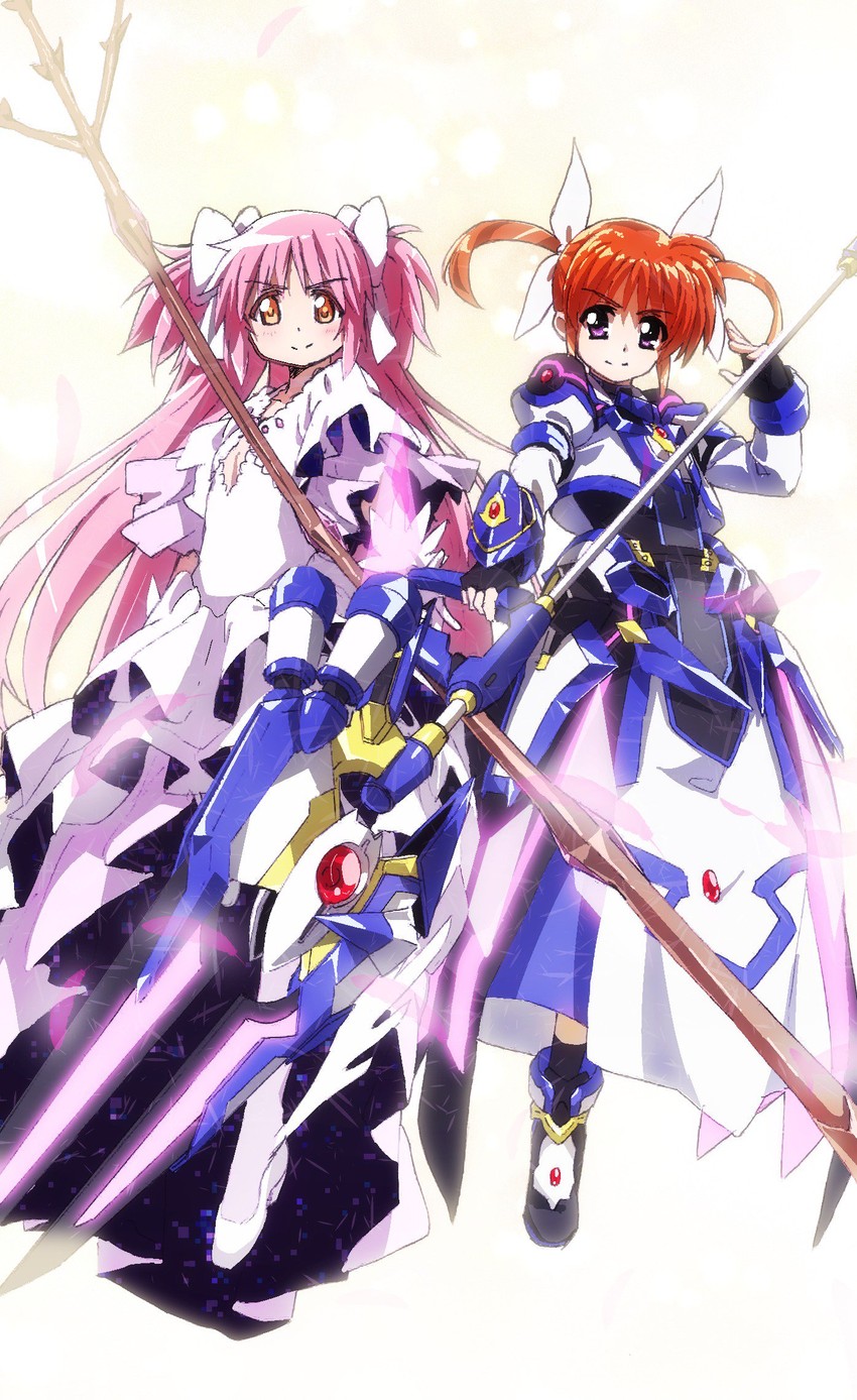 kaname madoka, takamachi nanoha, ultimate madoka, raising heart, and raising heart estrea (mahou shoujo madoka magica and 2 more) drawn by bygddd5
