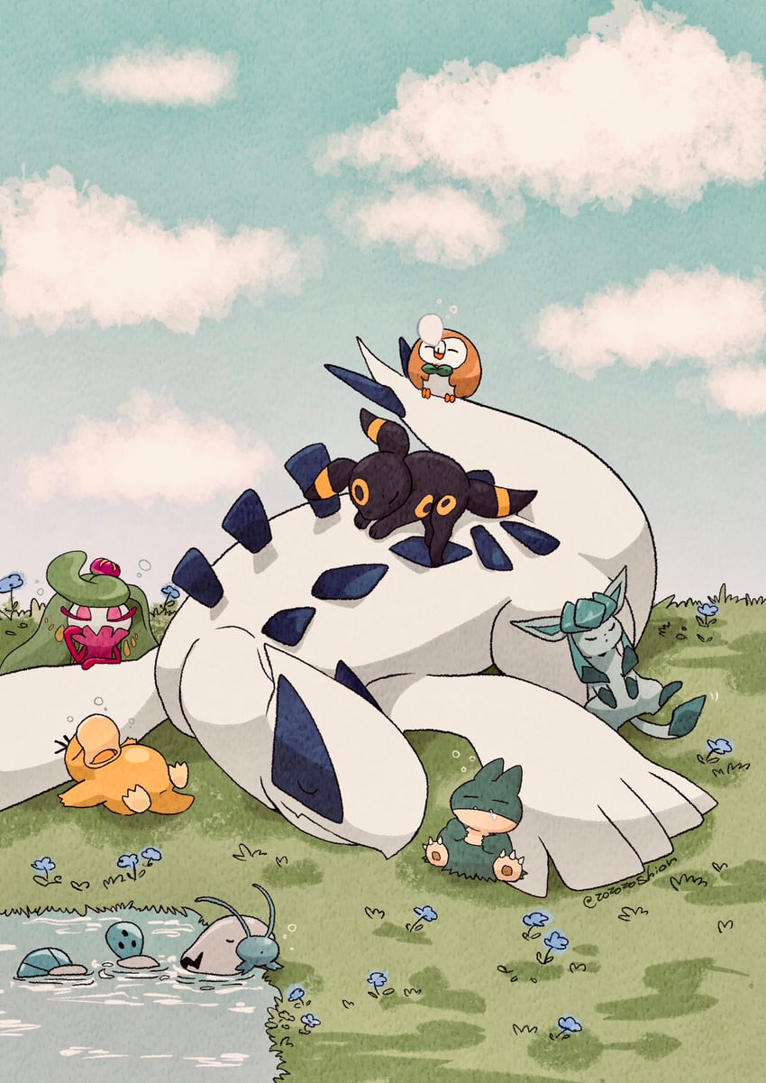 rowlet, umbreon, glaceon, psyduck, lugia, and 3 more (pokemon) drawn by zozozoshion