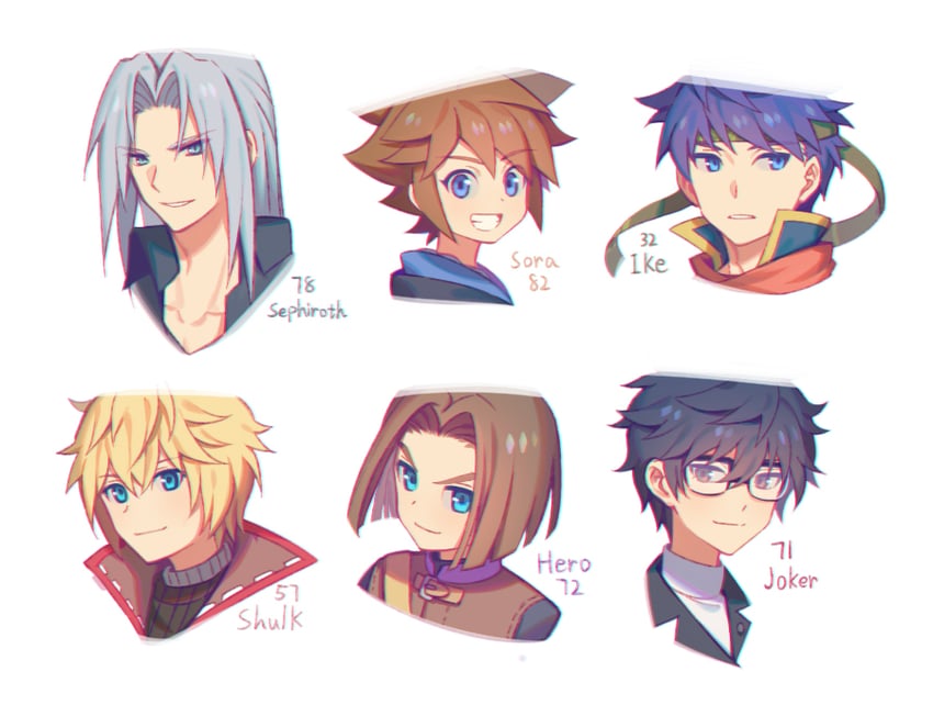 sephiroth, amamiya ren, ike, sora, shulk, and 1 more (fire emblem and 13 more) drawn by wusagi2