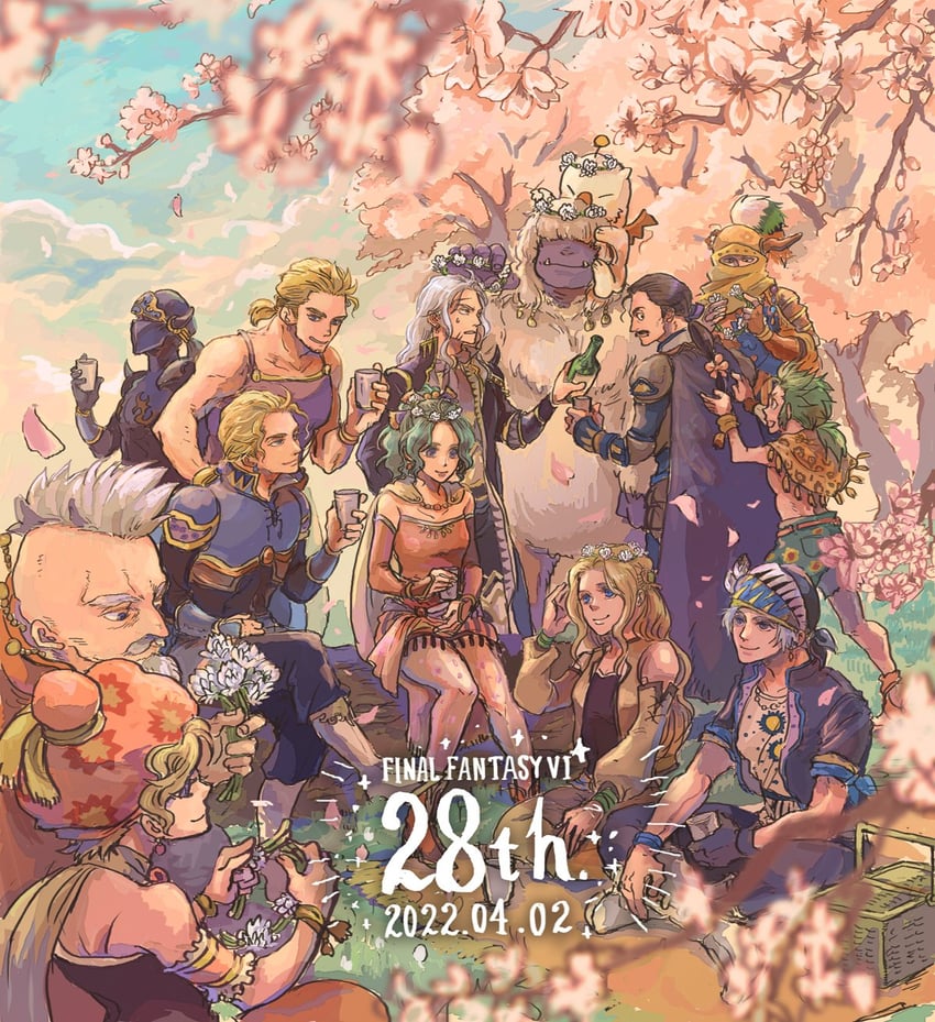 terra branford, celes chere, locke cole, relm arrowny, edgar roni figaro, and 7 more (final fantasy and 1 more) drawn by uedymummy0921