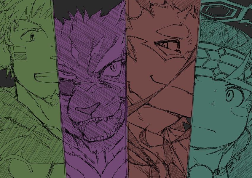 wakan tanka, tezcatlipoca, fuxi, and korpokkur (tokyo afterschool summoners) drawn by haishiba_ame