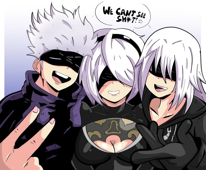 2b, gojou satoru, and riku (jujutsu kaisen and 3 more) drawn by nahzo