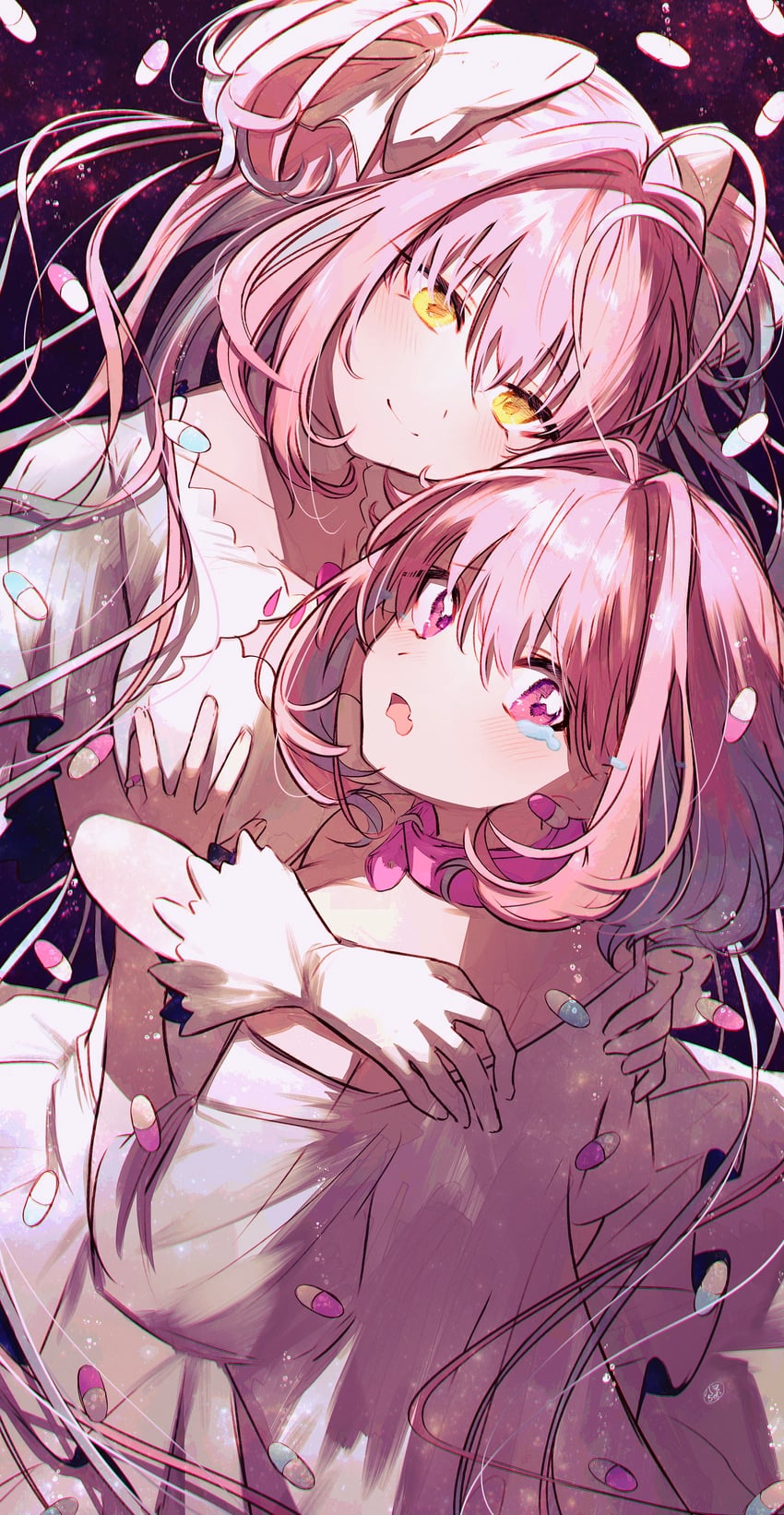 kaname madoka, yumemi riamu, and ultimate madoka (idolmaster and 3 more) drawn by hamachamu