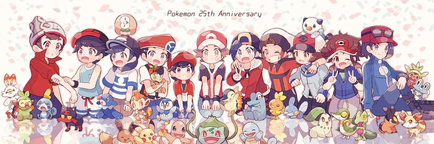 pikachu, red, eevee, ethan, rowlet, and 31 more (pokemon and 11 more) drawn by kinu_(kinuhoshizora21)