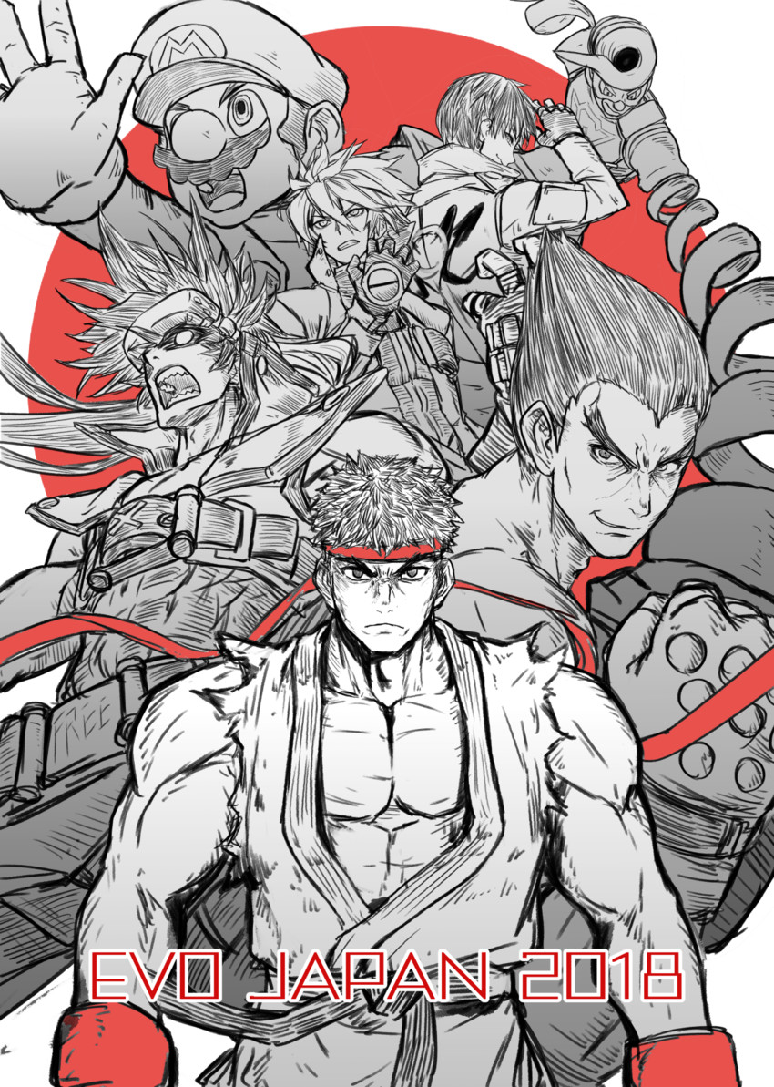 mario, ryu, ragna the bloodedge, sol badguy, mishima kazuya, and 2 more (street fighter and 12 more) drawn by kuroi_susumu