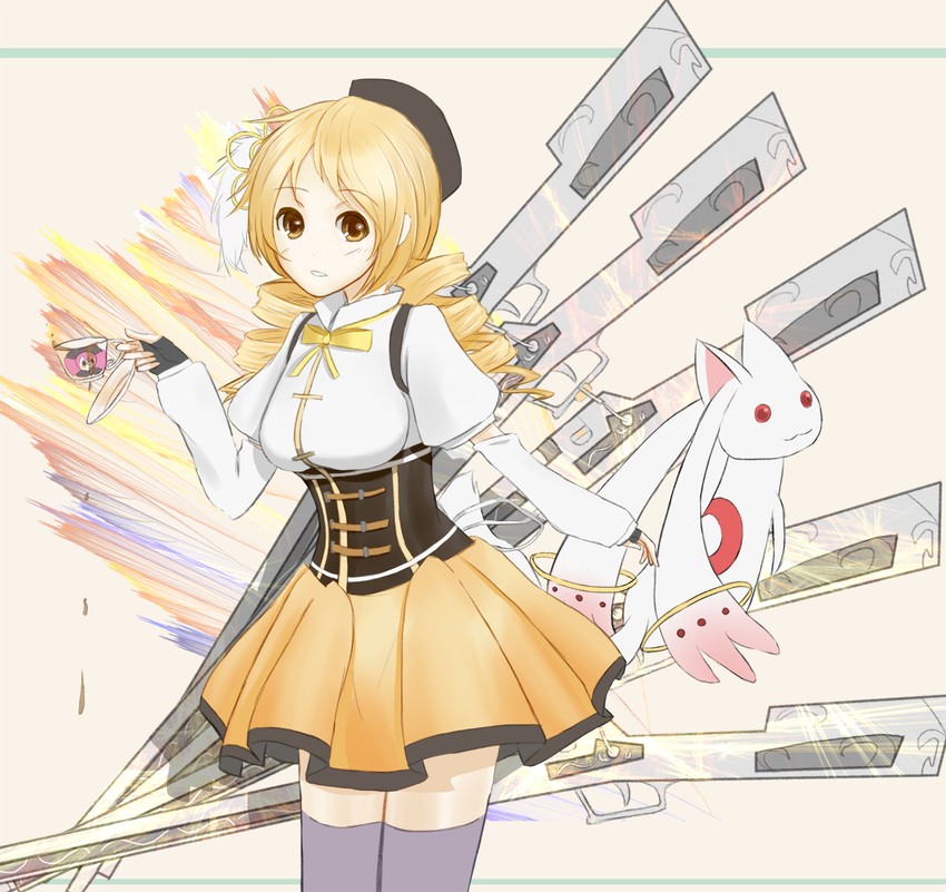 tomoe mami, kyubey, and charlotte (mahou shoujo madoka magica) drawn by supana