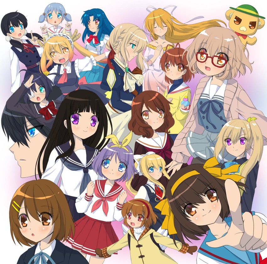 suzumiya haruhi, hirasawa yui, hiiragi tsukasa, chitanda eru, oumae kumiko, and 14 more (k-on! and 20 more) drawn by hinoue_itaru