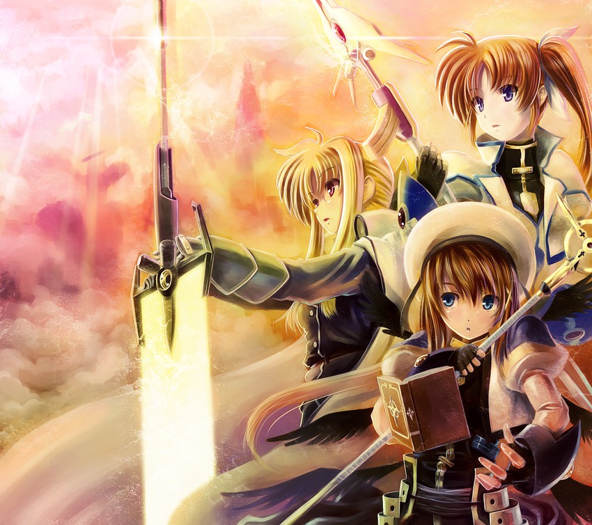 fate testarossa, takamachi nanoha, yagami hayate, raising heart, bardiche, and 2 more (lyrical nanoha and 4 more) drawn by yone
