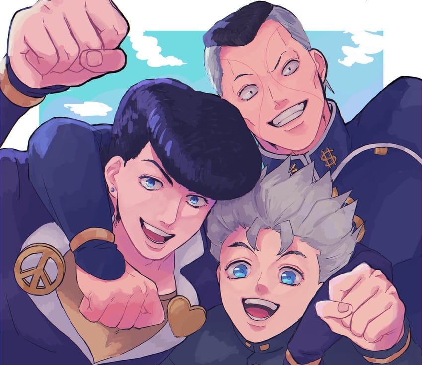 higashikata josuke, nijimura okuyasu, and hirose koichi (jojo no kimyou na bouken and 1 more) drawn by super_inoti