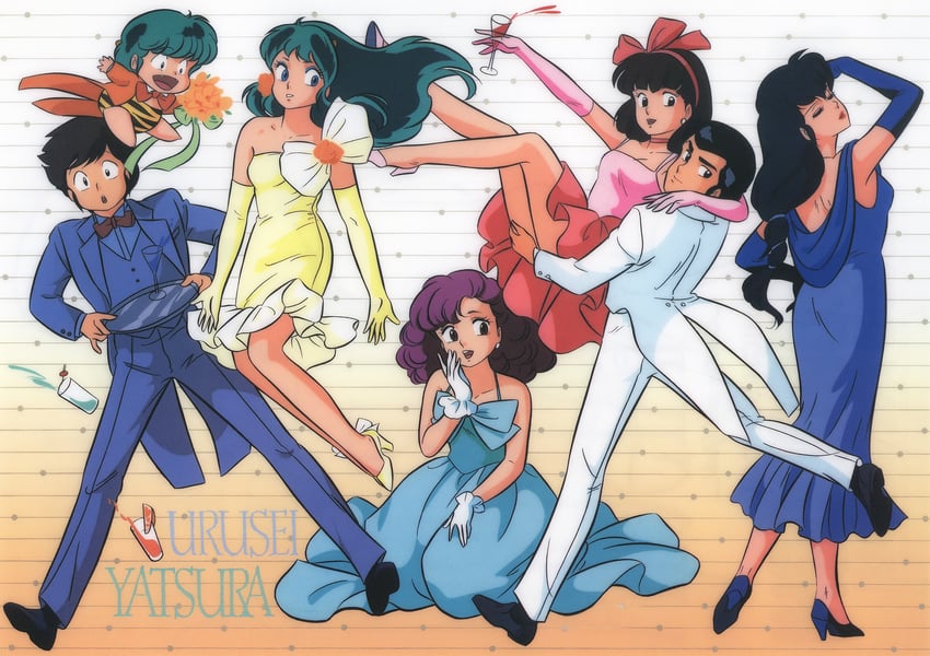lum, moroboshi ataru, ran, miyake shinobu, ten, and 2 more (urusei yatsura)