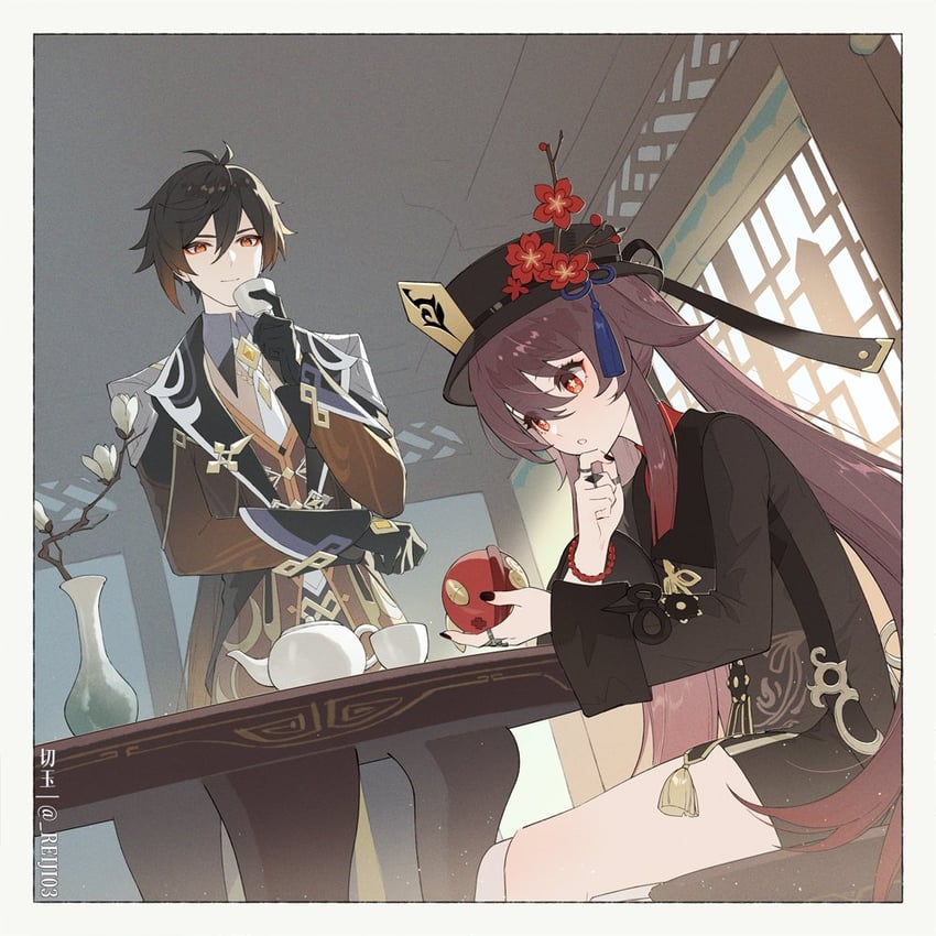 hu tao and zhongli (genshin impact) drawn by rj_(lingshih10)