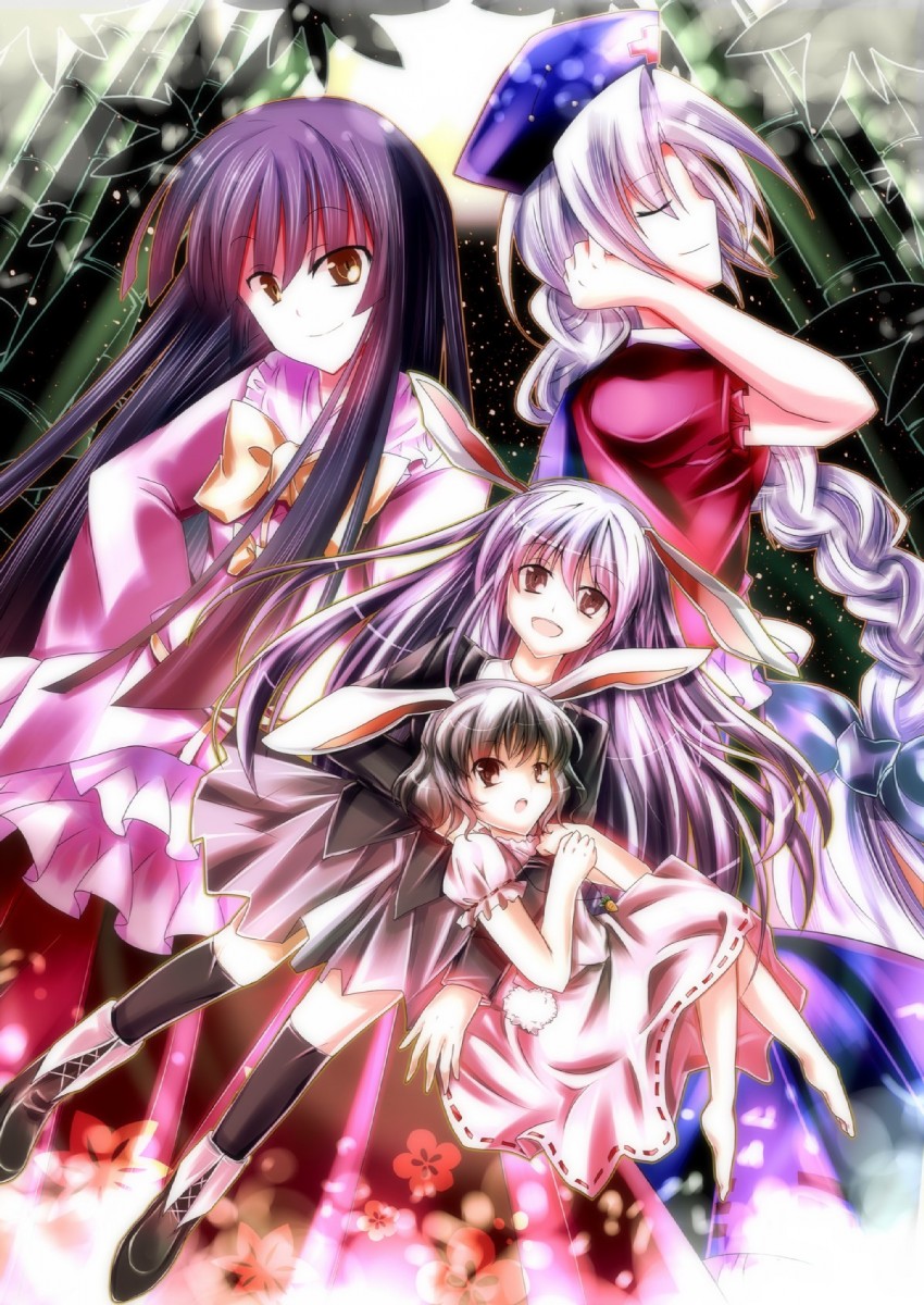 reisen udongein inaba, houraisan kaguya, inaba tewi, and yagokoro eirin (touhou) drawn by fuepo
