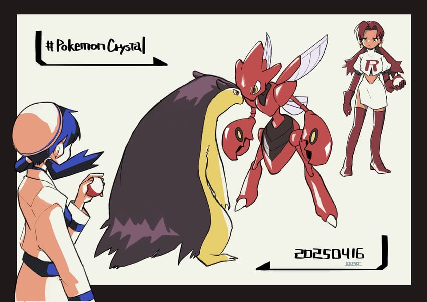 kris, typhlosion, scizor, and team rocket grunt (pokemon and 1 more) drawn by nanndana