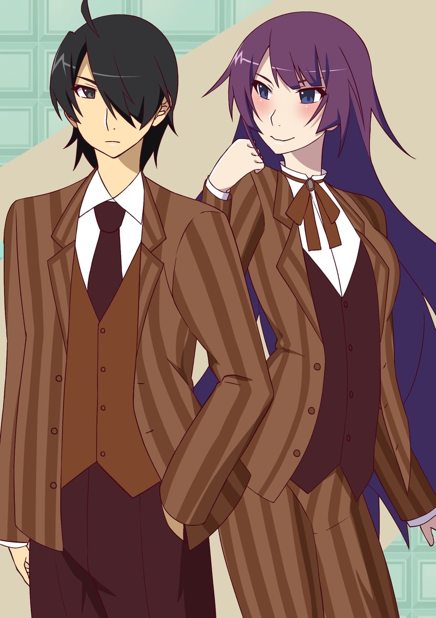 senjougahara hitagi and araragi koyomi (monogatari) drawn by albino_oscar